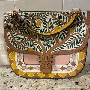 Gorgeous Tory Burch top handle handbag with detailed tree leatherwork,
